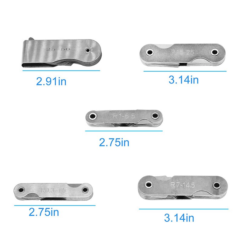 Stainless Steel Radius Gauge, Portable Concave Convex External Internal Arc Measuring Tool Radius Fillet Gauge Set(5Pcs)