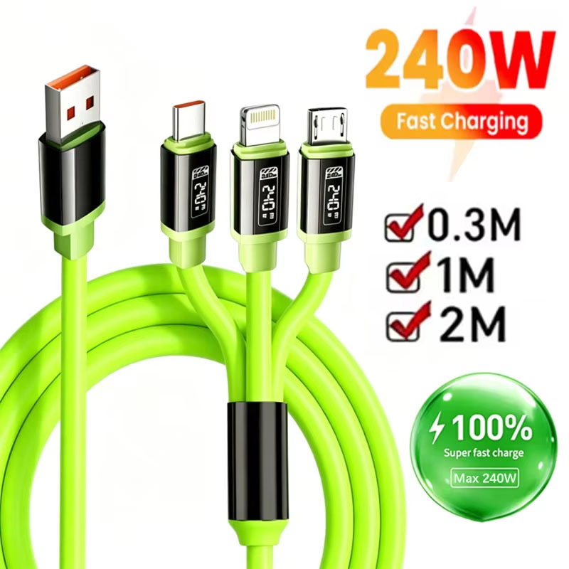 3-in-1 240W snellaadkabel geschikt voor micro-USB, type-C en meerdere USB-poorten, geschikt voor iPhone en Huawei.