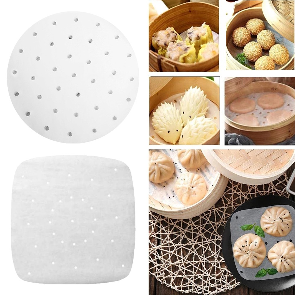 100Pcs 7/8/9 Inch Round Square Non-Stick Air Fryer Liners Paper Disposable Steamer Mat Baking Sheets Perforated Parchment Paper