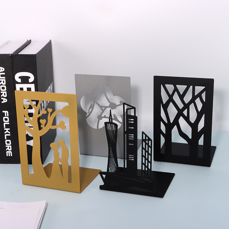 Uitgeholde metalen boekensteunen Zandloperontwerp Metalen boekensteunen voor thuiskantoor Decoratieve boekenstoppers Boekenhouders