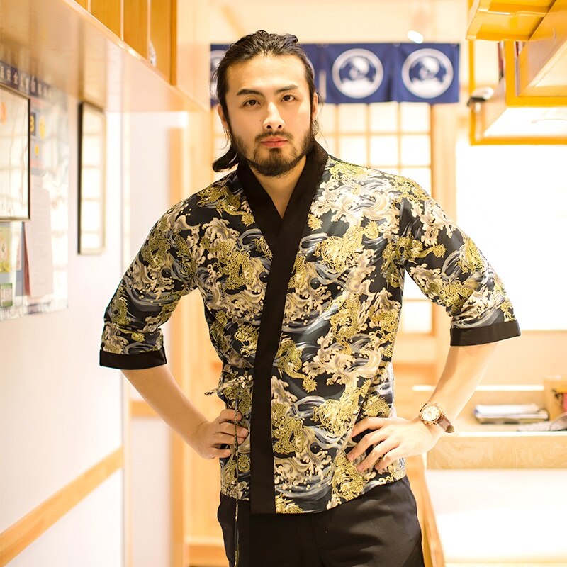 Unisex japansk stil sushi kokken uniform køkken kok tøj kimono blomster sushi kostume japansk restaurant uniformer  ta1912: 3 / Xl