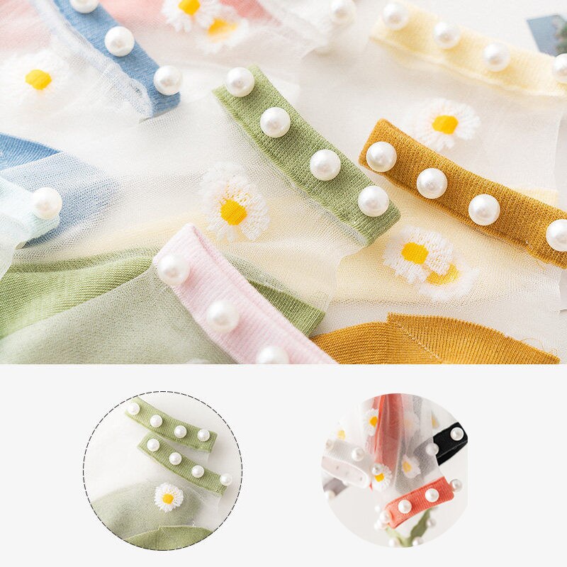 AECU 5 Pair Breathable Ankle Socks Pearl Summer Women Transparent Lace Silk Flower Cute Girls Elastic Short Socks Female Sox