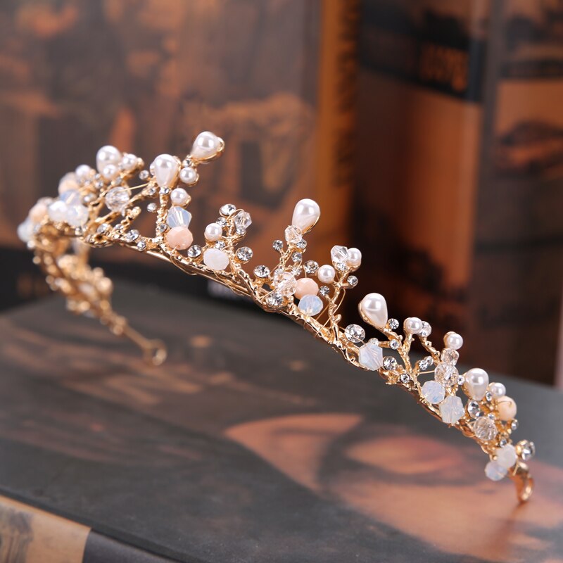 Vintage Handmade Gold Crown Bridal Headdress Pearl Rhinestone Wedding Princess Crown Bridal Hair Accessories Jewelry Accessories