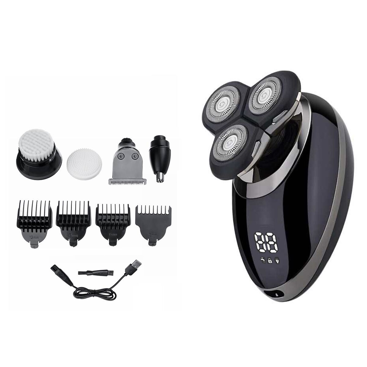 Rasoir électrique pour hommes, rasoir pour tête chauve, LED affichage, tondeuse du nez, tondeuse à barbe poils, brosse de nettoyage du visage, Rechargeable via USB: 3 Heads
