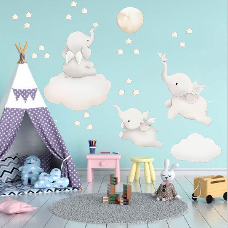 Cartoons Baby Elephant Stars Wall Stickers Kids Baby Room Background For Home Decoration Bedroom Wallpaper Cute Animals Stickers