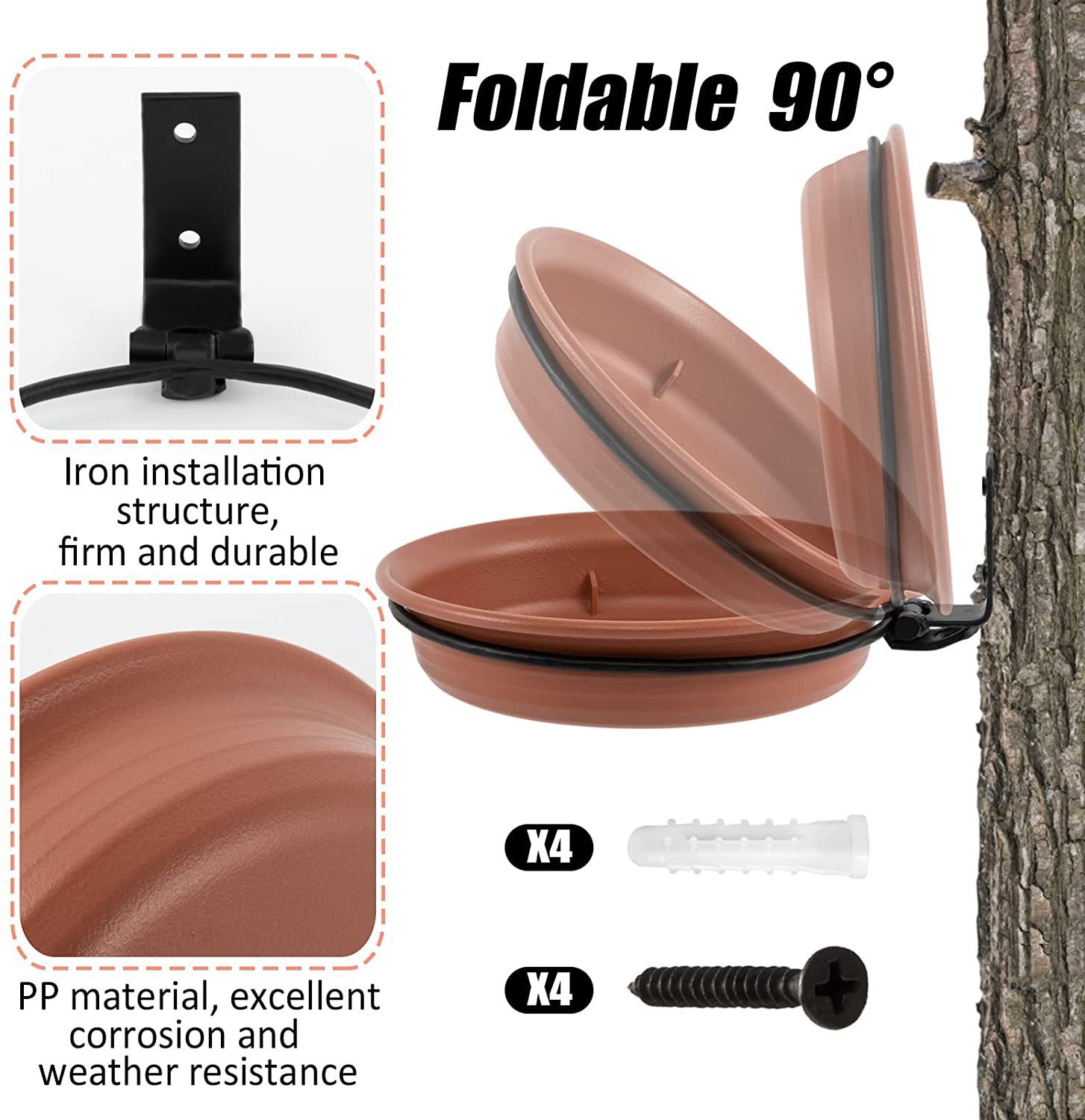 Vegghengt fuglematerskål, tremontert fuglebadspa, inkluderer 2 fuglebrett, metallringer og skruer