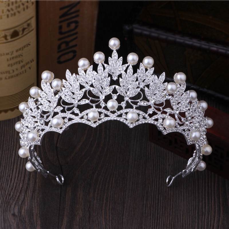 Tiaras de novia de Color plateado Vintage, diademas grandes, accesorios para el cabello de novia, corona de boda con perlas, diamantes de imitación de cristal