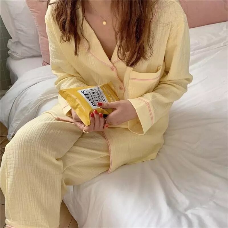 Pijamas coreanos de algodón para mujer y niña, ropa de dormir de manga larga, conjunto Simple de dos piezas, ropa de estar por casa, primavera y otoño,