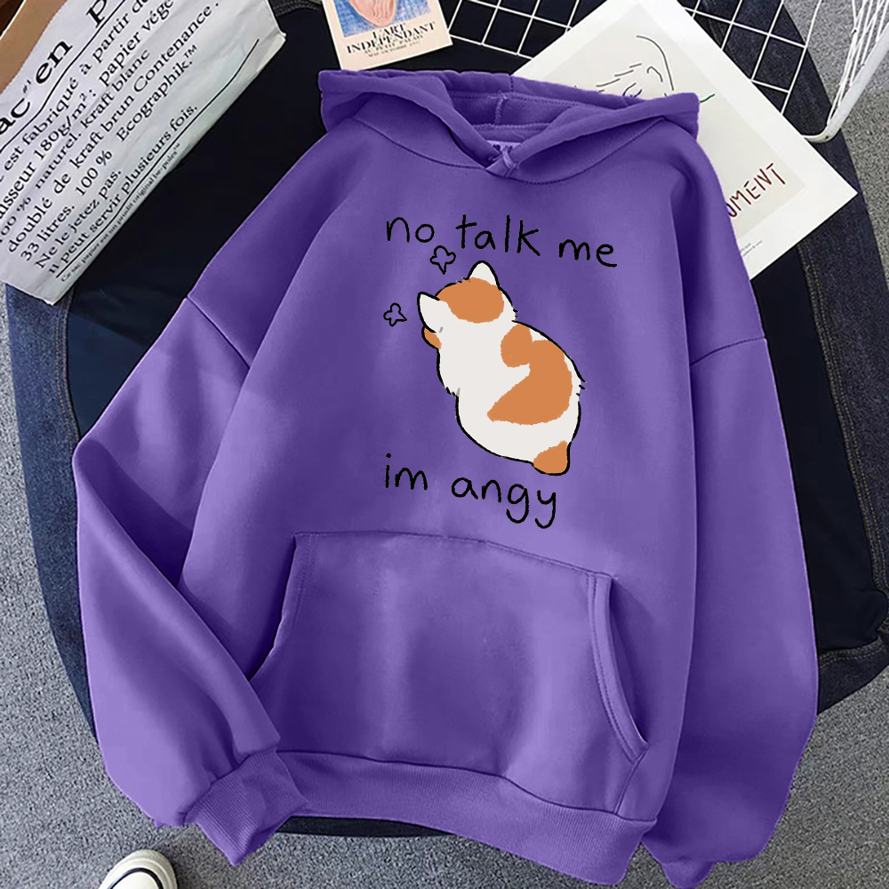 No Talk Me-Sudadera con capucha con estampado de gato enojado para mujer, sudaderas suaves de Hip Hop, jerséis de lana informales, ropa de calle de lana de gran tamaño para mujer: XXL / Marfíl