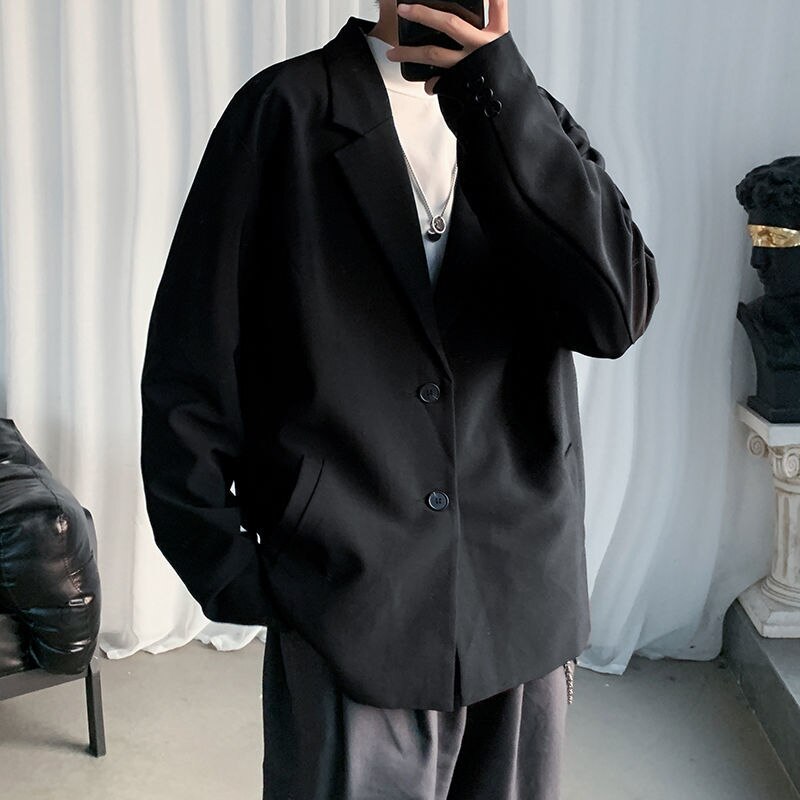 Korean Style Blazer Men's Solid Color Business Casual Suit Jacket Men Streetwear Wild Loose Dress Jackets Mens M-2XL