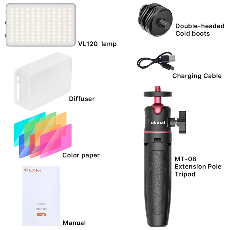 VIJIM-luz Led para vídeo VL120, 3200-6500K, con difusor, efecto RGB, para cámara, luz de relleno Vlog, lámpara de estudio de iluminación de fotografía: Black VL120 MT-08