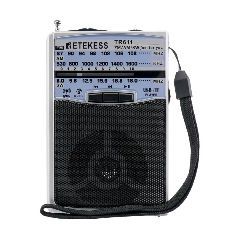 Retekess TR611 Portable FM AM SW 3Band Radio with Earphone Jack USB TF Player Support MP3 Format