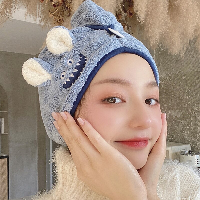 Hair Turban Quick Dry Bath Hair Drying Towel Head Wrap Hat Cap Bathing Tool Cartoon Pattern Hooded Towels For Kid Women Girl: Haze blue