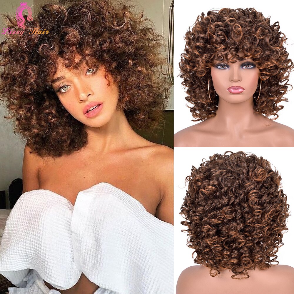 12Inch Korte Kinky Krullend Pruik Afro Amerikaanse Pruiken Voor Zwarte Vrouwen Bruin Gemengde Blonde Synthetische Hittebestendige Pruiken Met pony: T1B/30 / 2 Stks/partij