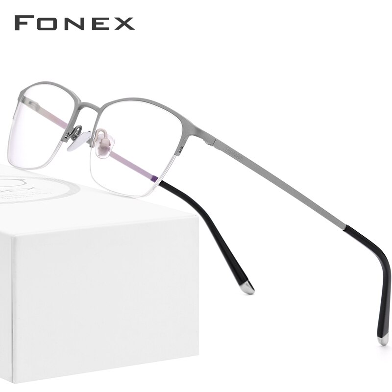 FONEX montura de gafas para hombre gafas ópticas de titanio puro prescripción media llanta gafas Semi sin montura marcos de gafas 8502: Plata
