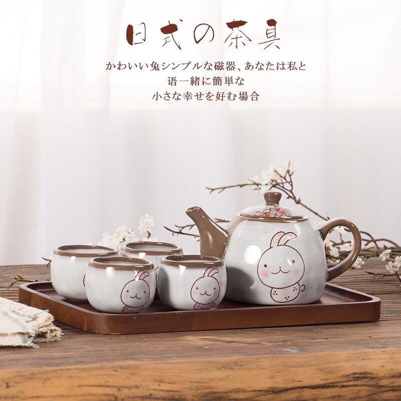 Japanese Style Hand Painted Cute Cat Teapot Ceramic Household Teacup Porcelain Office Kettle Kung Fu Drinkware Tea Set: Rabbit