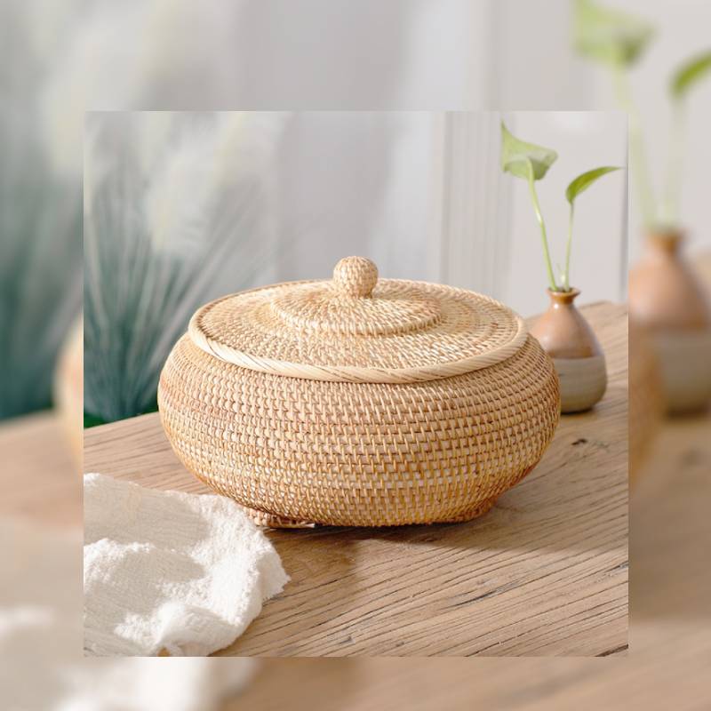 Boîtes rondes en rotin avec couvercle, tissé à la main, plateau en osier polyvalent, panier de rangement de Table à pain, pique-nique 11 pouces panier osier