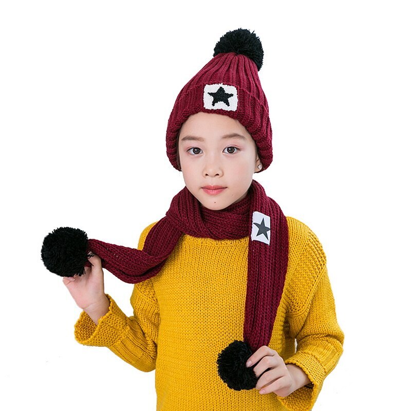 Children Knitted Hats & Scarves Sets Hailball Beanies Knit Kids Winter 2 Pcs Set Winter Hats For Children Hat Winter: Wine Red