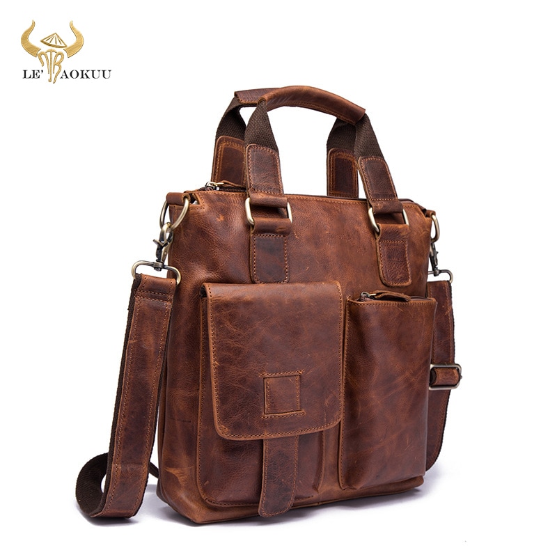 Men Original Leather Retro Business Briefcase Casual 12&quot; Laptop Travel Bag Tote Attache Messenger Bag Portfolio B259