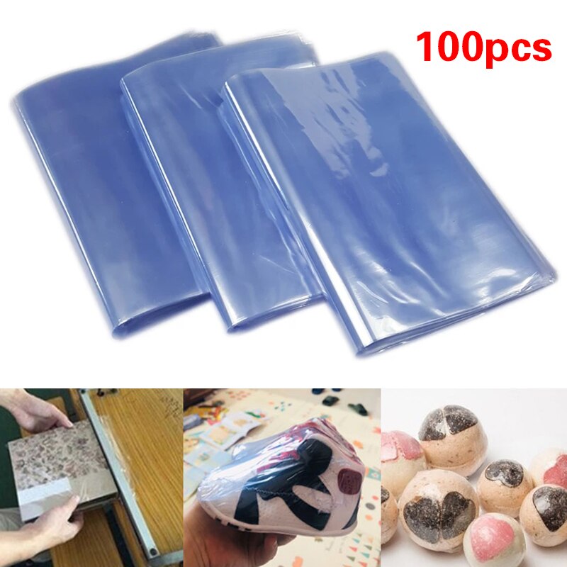 100 PCS PVC Shrink Wrap Bags Clear Membrane Plastic For Soaps Bottles Bath Bombs Packaging Baskets 5 Sizes