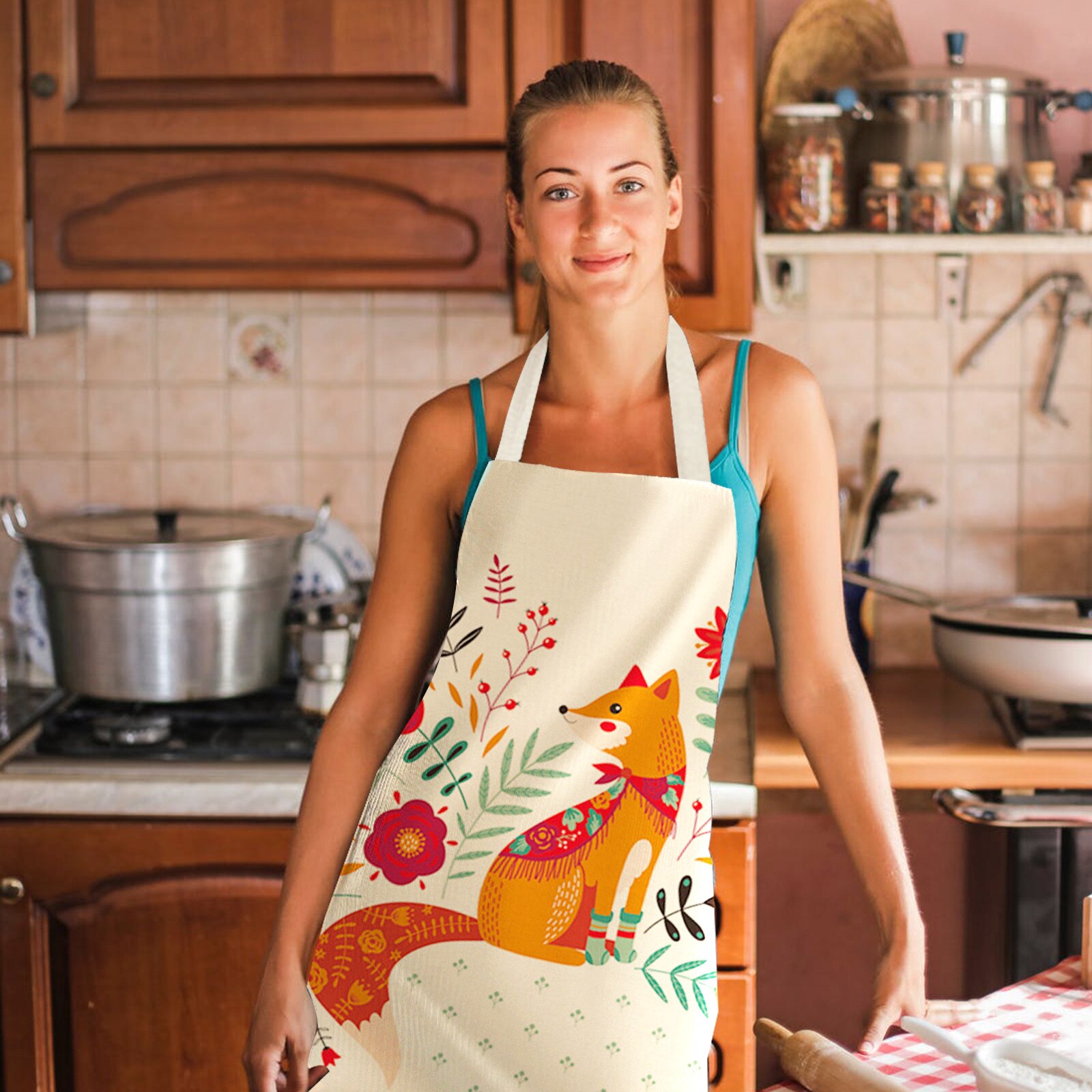 1Pcs Kitchen Cooking Apron Kitchen Lovely Cartoons Printed Home Sleeveless Cotton Linen Aprons for Men Women Baking Accessories: O