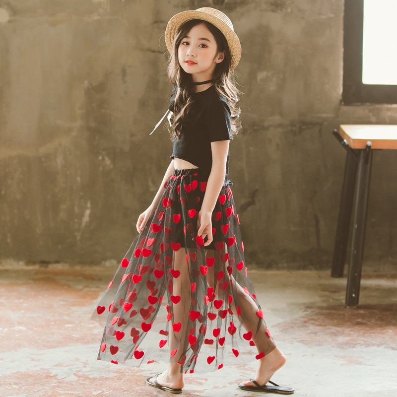 Jupe brodée motif de cœur pour filles | Jupes d'été , Maxi, longues en Tulle, vêtements pour enfants 10-12-14 ans