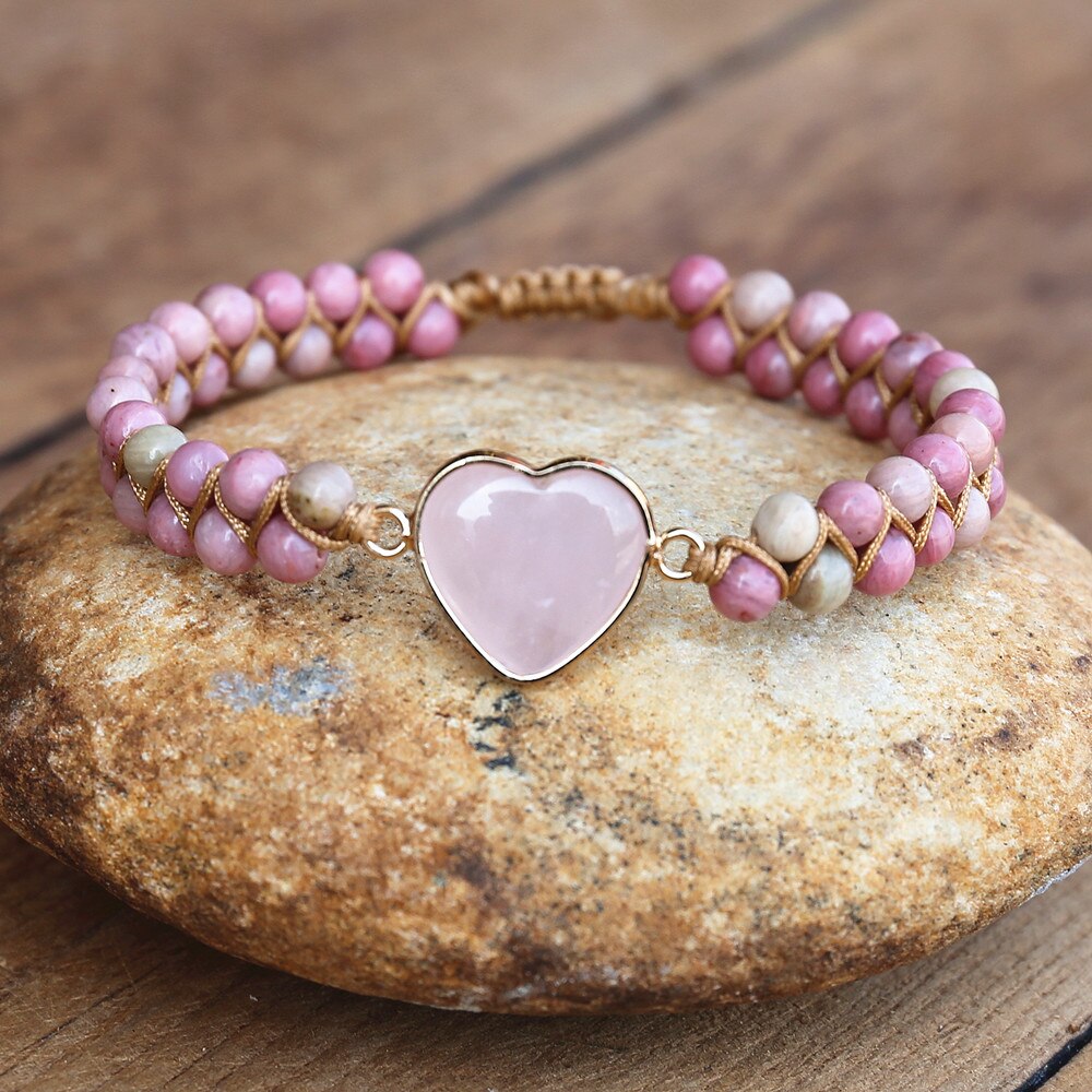4Mm Rhodonite Roze Crystal Heart Charm Armbanden Vrouwen Bohemen Yoga String Gevlochten Lover Wrap Armband Handgemaakte Sieraden