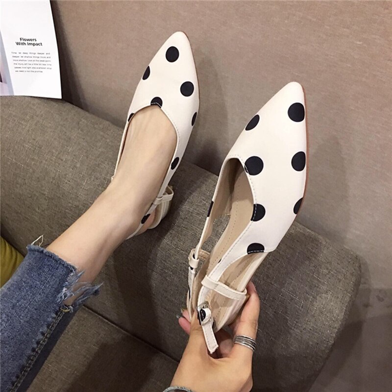pointy toe cloth polka dot sandals brand shallow buckle slingback low heel women sandales trendy fairy dress shoes femme