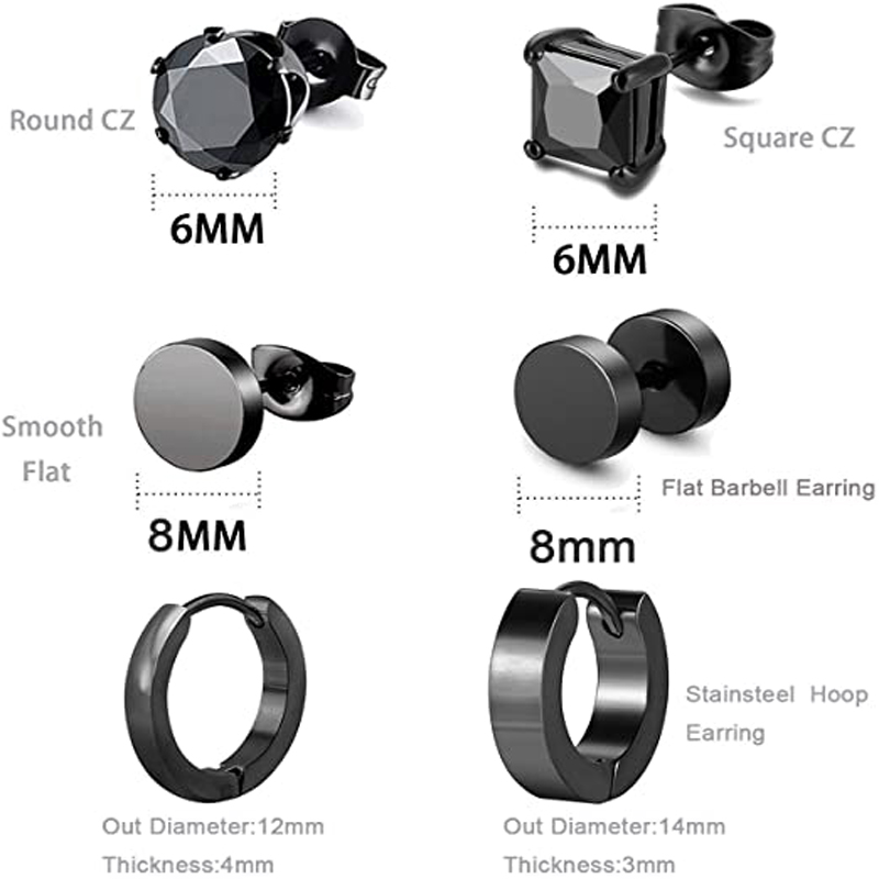 6 Pairs Black Stainless Steel CZ Stud Hoop Earrings Set Huggie Hoop Ear Piercing for Women/Men/Teen Girls and Boys