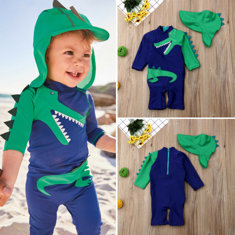 Baby børn dreng dinosaur sommer strand badetøj badedragt svømning kostume kufferter + hætte sæt