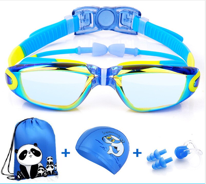 Børns svømmebriller anti-tåge uv recept svømmebriller vandtæt beskyttelsesbriller med etui, næseklemme, ørepropper, hætte, diverse taske: Linse gennemsigtig blå
