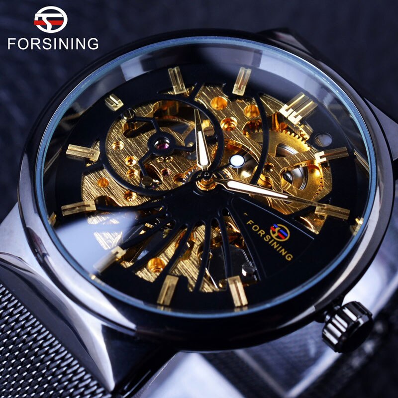 Forsining Luxe Dunne Case Unisex Waterdicht Heren Samll Wijzerplaat Horloges Top Luxe Mechanische Skelet Horloges: Black