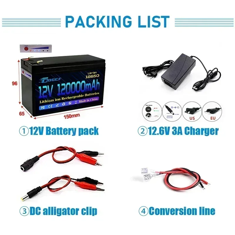 Akumulator 120Ah 12V 18650 Akumulator litowy LiFePO4 Wbudowana ładowarka USB 5V 2.1A + ładowarka 12,6V 3A