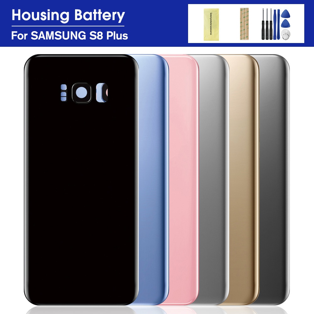 Caixa da porta da bateria traseira para samsung galaxy s8 s8 plus + g955 g955f g950 g950f volta capa de habitação de vidro + adesivo moldura da câmera