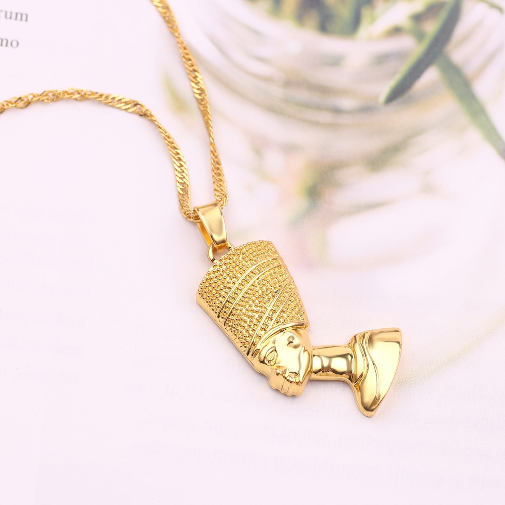 Exotic Egyptian Queen Nefertiti Pendant Necklaces for Women Men Jewelry Gold Color Jewellery African