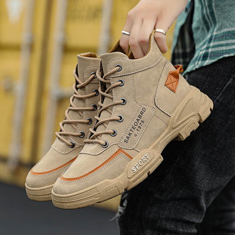 Men Leather Boots Male Spring Casual Motorcycle Ankle Botas Hombre Men Lace-up Basic Boots Man Men Boots: Khaki / 40