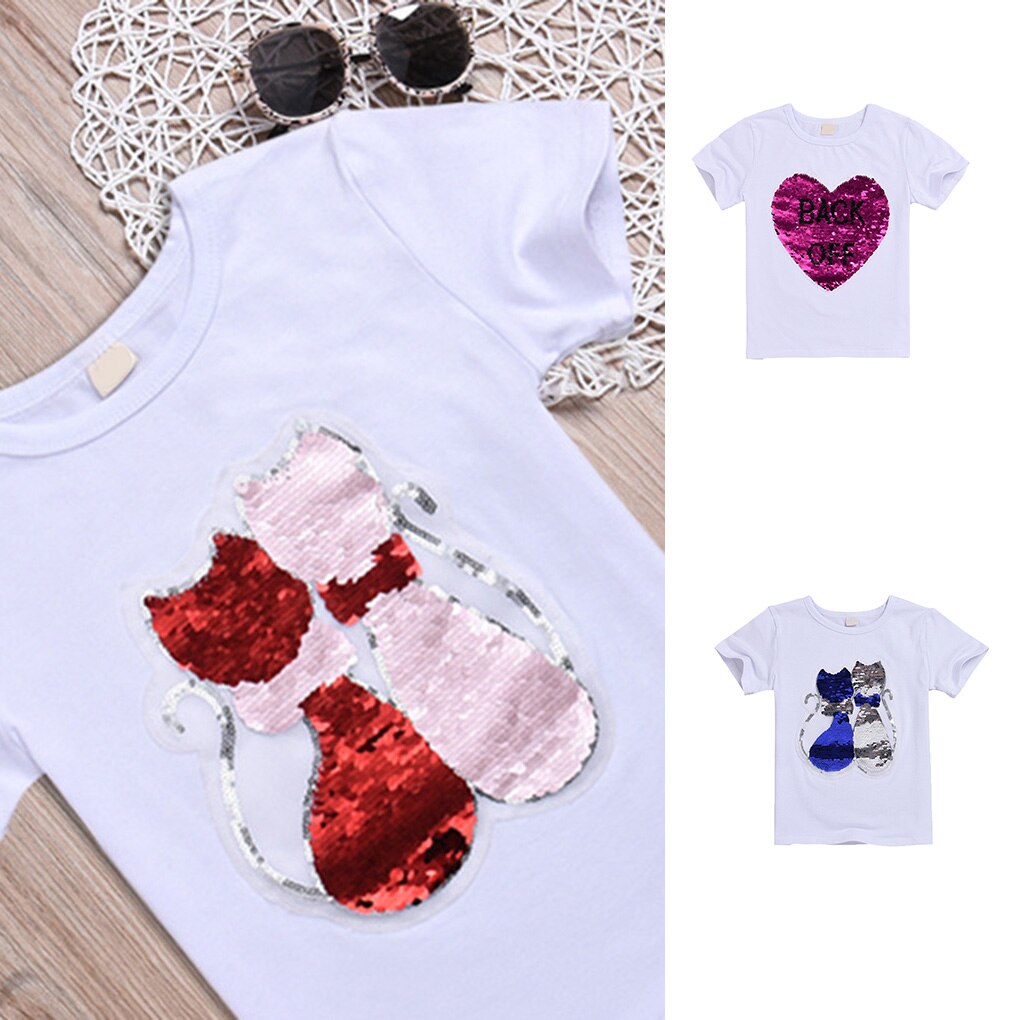 Flickor paljetter t-shirt baby härliga tjejer tecknad topp kort barn kortärmad scoop neck sommar topp som andas
