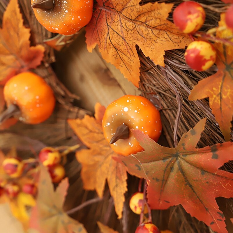 Artificial Fall Wreath, Autumn Wreath With Maple Leaves Pumpkin And Berries, For Front Door Thanksgiving Decoration