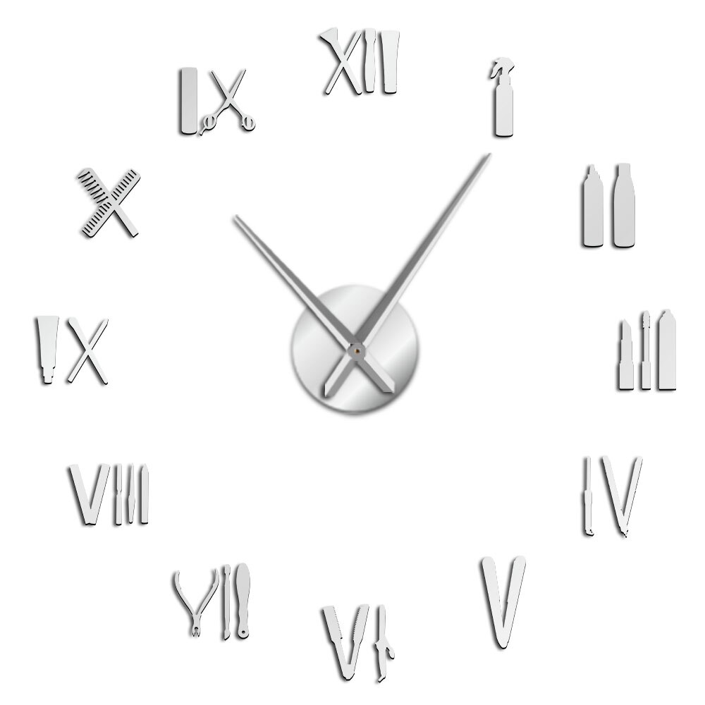 Barber Shop Tools Mirror Effect 3D DIY Wall Art Clock Roman Numerals Beauty Salon Tools Show Unique Wall Clock: Silver / 47inch