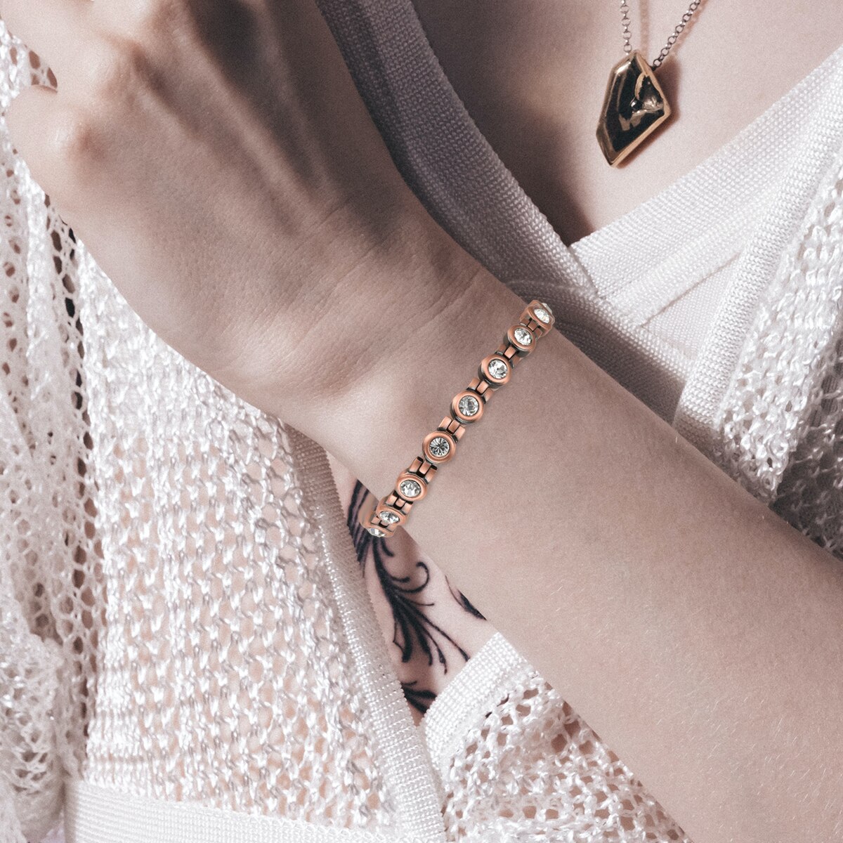 Vintage 99.9% Puur Koperen Armband Voor Vrouw Ronde Witte Crystal Verstelbare Ketting Link Armband