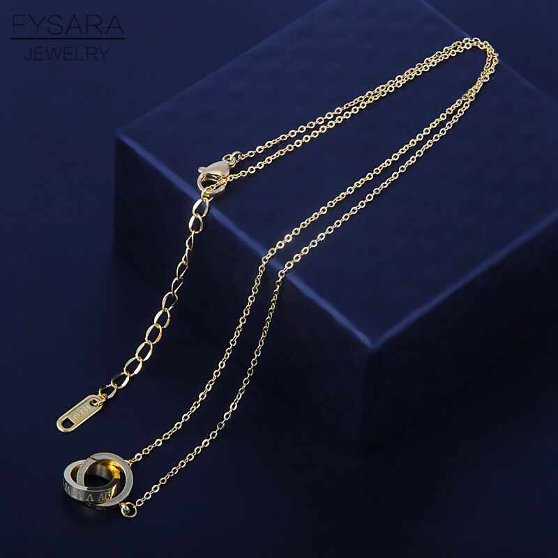 FYSARA Classic Brand Love Two Circle Double Buckle Necklace Roman Numeral Flower Clover Necklace Stainless Steel Gold Clavicle