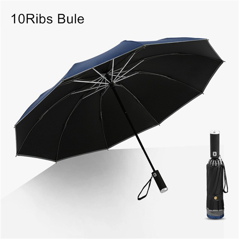 Automatic Reverse Umbrella Women 3 Fold Reflective Strip Umbrella Rain Men Parasol LED Light Windproof Parapluie Rain Gear EB5YS: 10ribs Bule