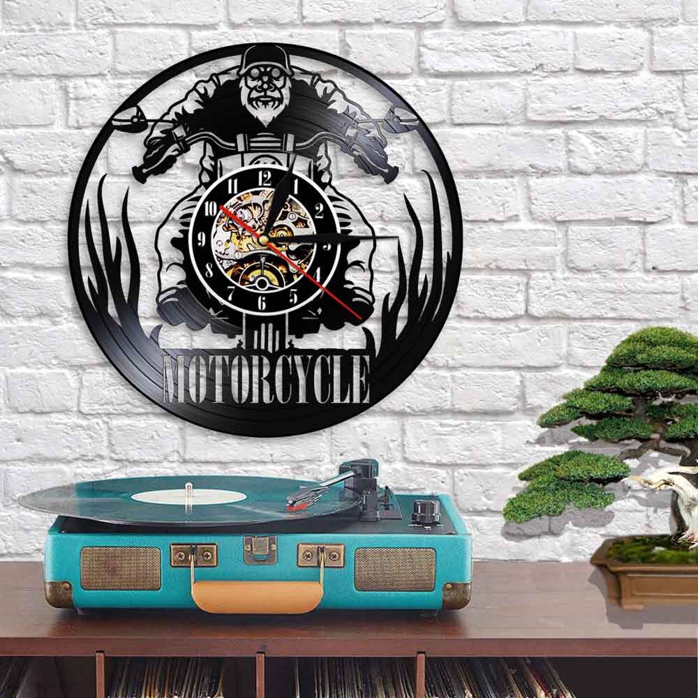 Motorcycle Riding Racing Wall Clock Time Touring Vinyl Record Modern Watch Skull Art Led LightTimepiece Rider