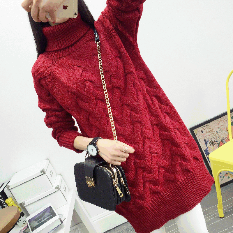 HanOrange Autumn Winter Korean Turtleneck Thick Loose Twist Long Women Sweater White/Red/Black: Red