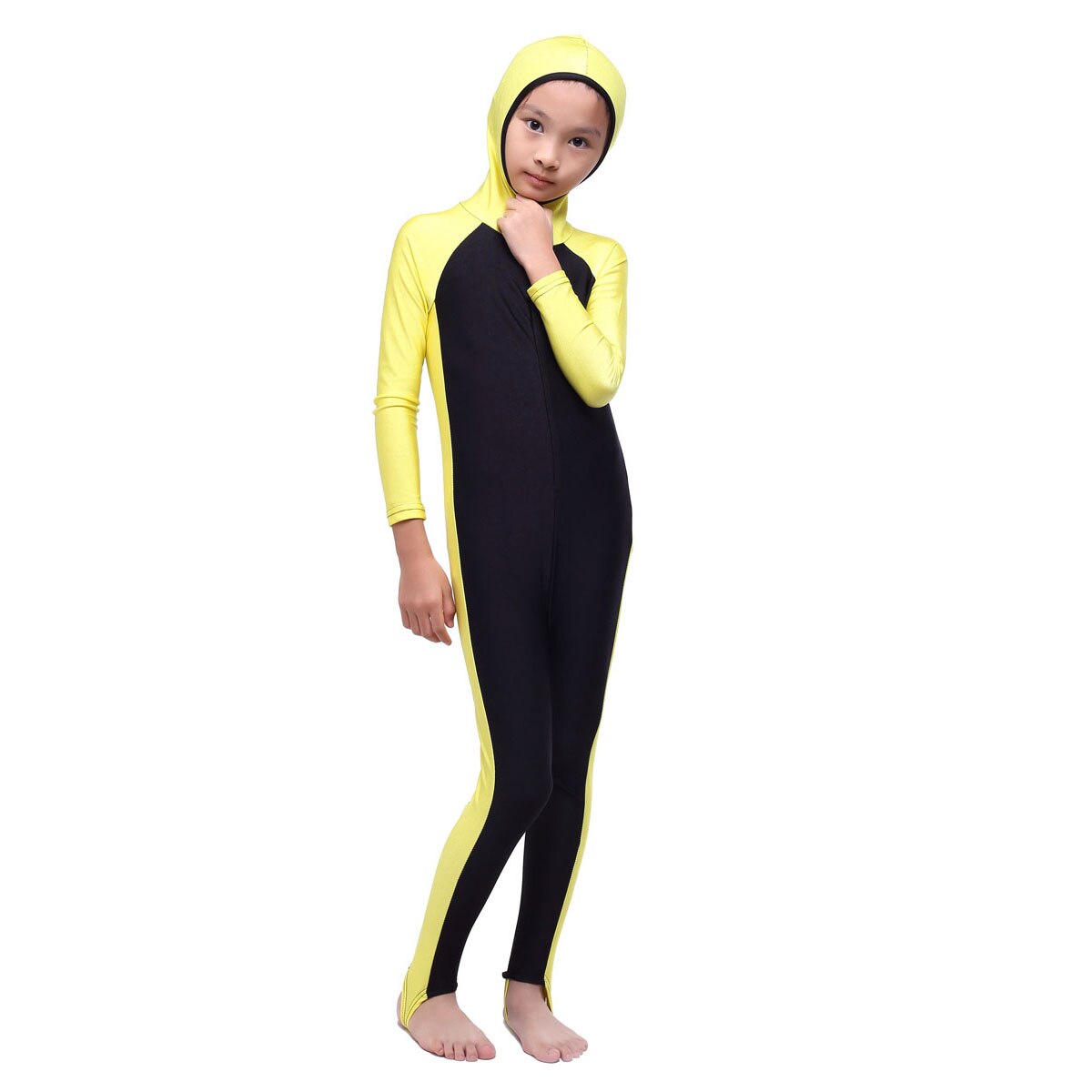 Muslim Swimwears Two-Piece Suits Striped Islamic Children Modest Swimsuits Girls Islam Sport Beach Wear Swimming Diving Burkinis: yellow / M