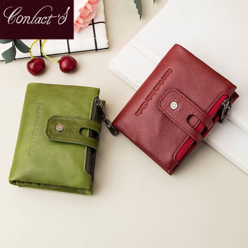 Contacts genuine leather small wallet women short card holder wallets for women hasp female coin purse portfel damski