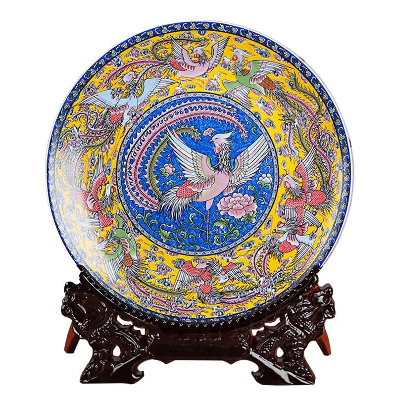 Plato Ornamental de cerámica de arte Fengshui, decoración China antigua de NinePheonix, juego de platos chinos tradicionales de porcelana con Base de madera: Default Title
