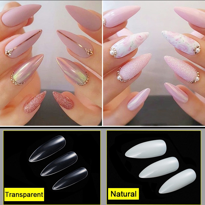 100pcs/set Long Clear Almond Nail Tips Acrylic Stiletto False Nails Full Cover False Nails Artificial Press on Nails for Women