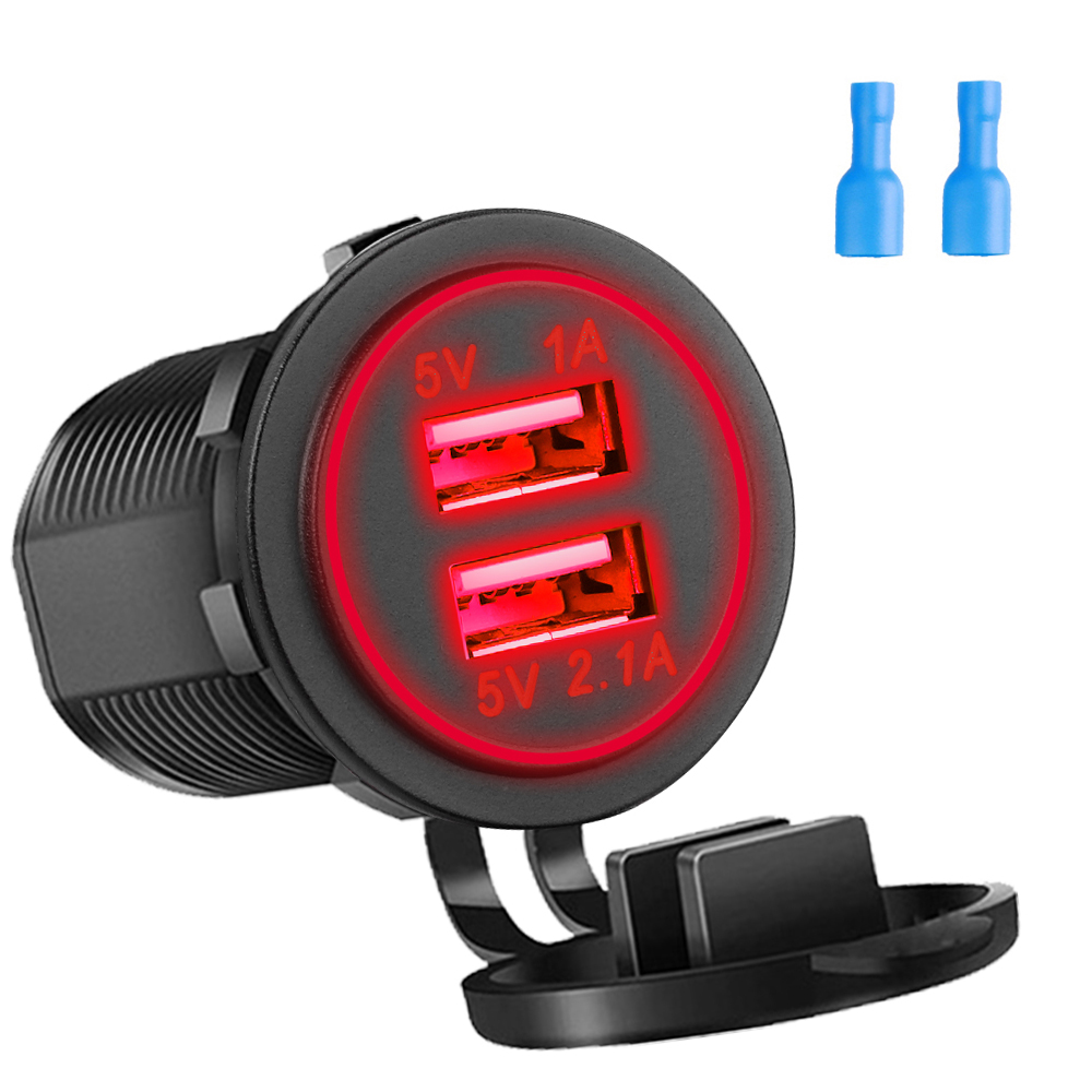 Schnellladung, Dual-USB-Anschlüsse, Autoladegerät, wasserdichte Schnellladebuchse, Steckdose mit LED-Licht für Motorrad-Autoladung: Lila