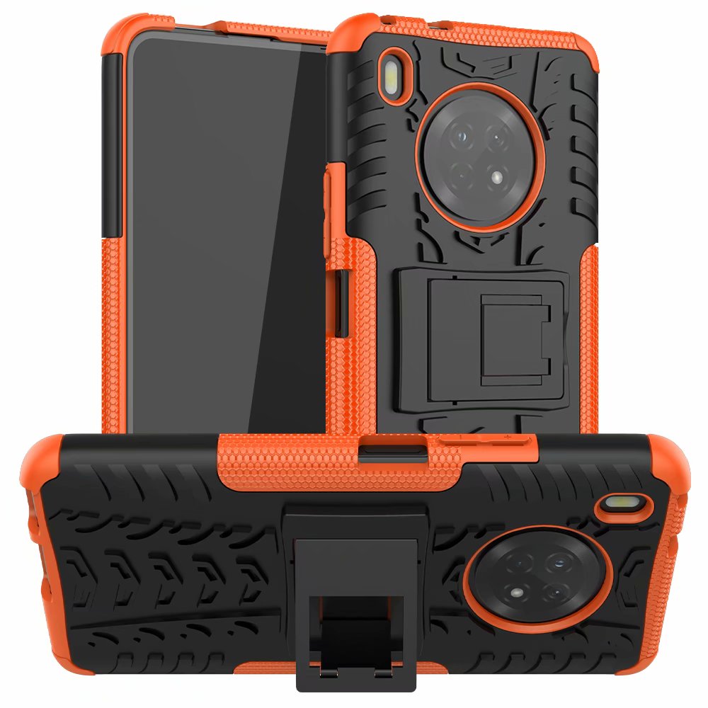 For Huawei Y9a Hard Case + Tempered Glass Hybrid Armor Soft Heavy Duty Stand Protection Enjoy 20 Plus 5G Silicon Cover: Orange / Case and Tem glass